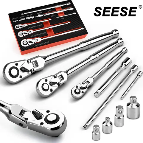 SEESE 10 Piece Flex Head Ratchet Set, 1/4", 3/8" and 1/2" Drive Swivel Head Ratchet Wrench with Extension Bar and 4pc Adapter, 72-Tooth Flexible Wrench Handle with Quick-Release Reversible Design, Halloween gifts