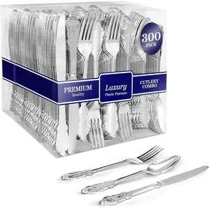 300 count  Plastic Silverware Set - 100 Forks, 100 Spoons, 100 , Heavy Duty Disposable Utensils, Elegant Flatware for Dinner Party, Wedding