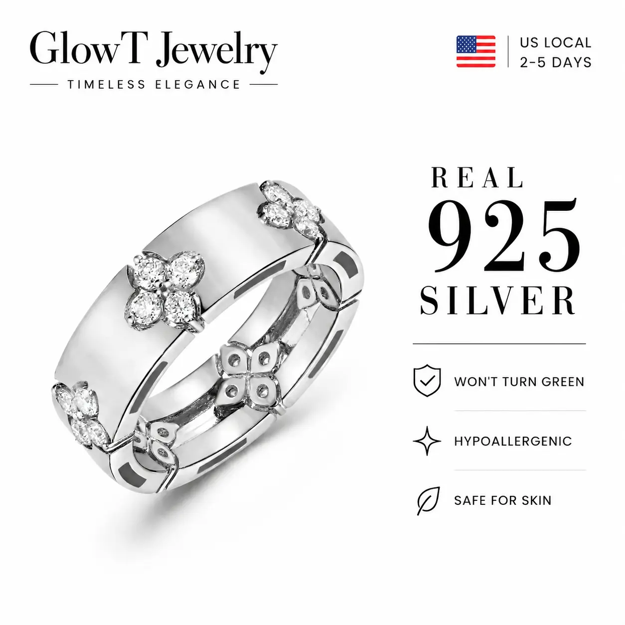 925 Sterling Silver Clover CZ Band Ring | Polished Four-Leaf Clover Statement Ring for Women Hypoallergenic Jewelry for Sensitive Skin