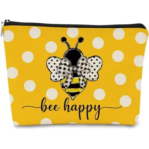 Bee  - Bee Themed Gifts for Women Yellow Cute Makeup Bag, Bee Happy Inspirational Bow Dots Honey Bumble  Bag Zipper Travel Toiletry Bag, Christmas Birthday  for Teen Girls Women