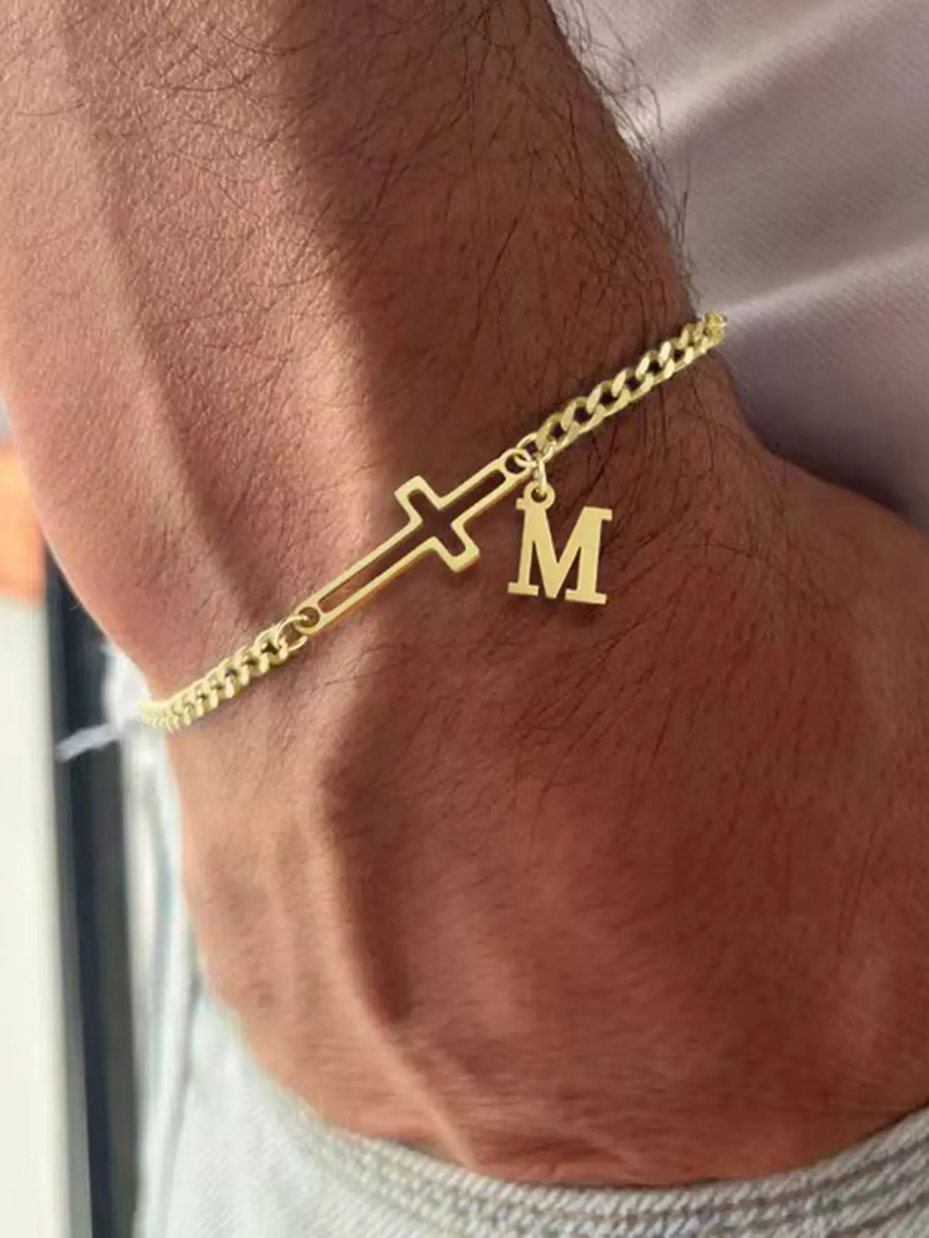 Men's Vintage Stainless Steel Cuban Chain, Casual Letter Cross Pendant, Casual Trendy Jewelry, All Seasons Jewelry Accessory, Stainless Steel Bracelet, Bracelet with Pendant