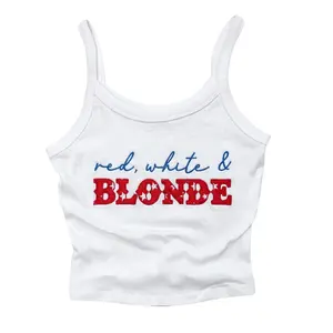 [Made in US] Embroidered 4th of July Shirt Micro Rib Tanktop - Red, White & Blonde