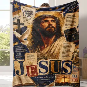 Jesus Christ Soft Cozy Flannel Throw Blanket - Cross Graphic, Jesus Print, Portuguese Bible Verse, Dove, Lamb, Vintage Plush Warm Lap Blanket, Christian Faith Spiritual Sofa Decor, Perfect Easter Gift For Portuguese Speaking Believers, Cross Graphic Blank