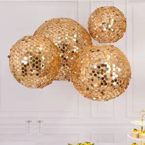 Set of 4 Shimmer Gold Payette Sequin Hanging Lanterns, Large Decorative Round Foldable Fabric Chinese Lantern Lampshades - 12",14",16",20"