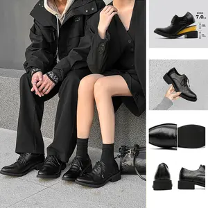 Derby men’s leather shoes with a premium feel—black dress/casual style, height-boosting platform sole, large toe box