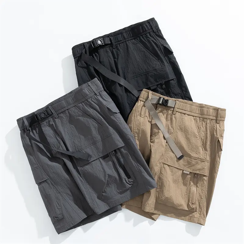 Outdoor functional workwear shorts, men's multi pocket zipper quick drying five quarter pants, summer casual versatile