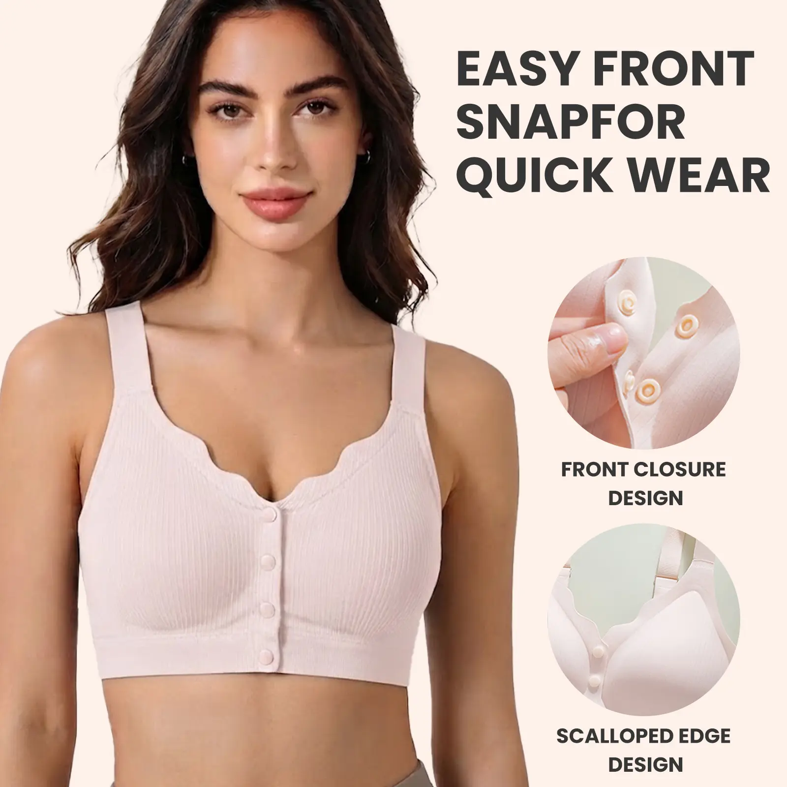 Women's Nylon Blend Front Closure Wireless Bra - Seamless Full Coverage Plus Size, W-Shaped Jelly Strip Support, Wide Adjustable Straps, Fixed Molded Cups, Easy Snap-Front (S-3XL)