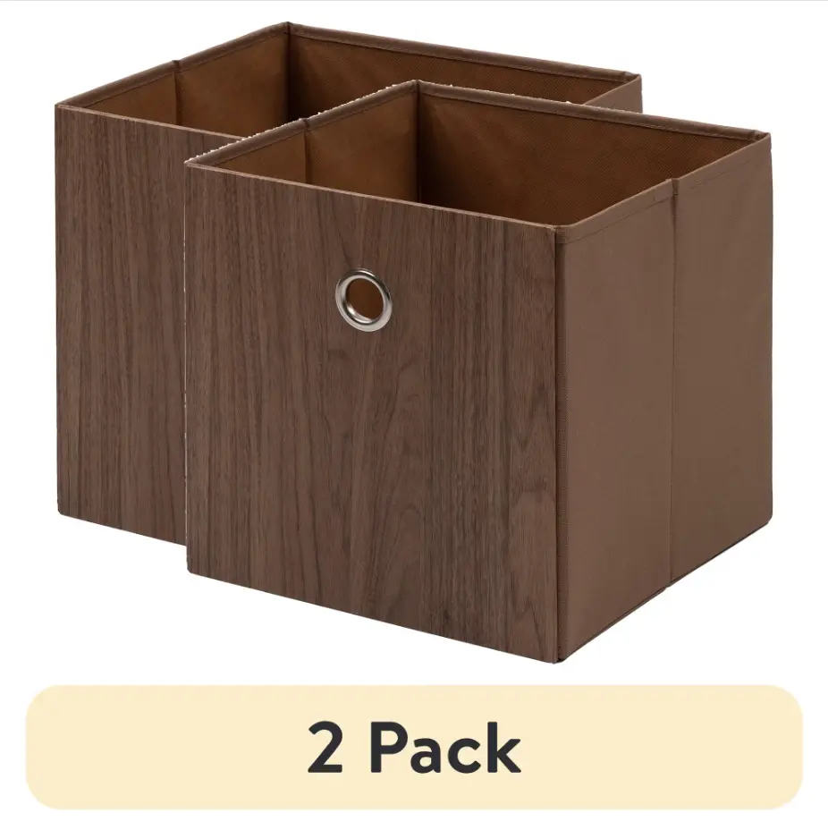 2-Pack Collapsible Fabric Cube Storage Bins, Natural Wood Finish, 10.5 x 10.5 x 10.75 Inches