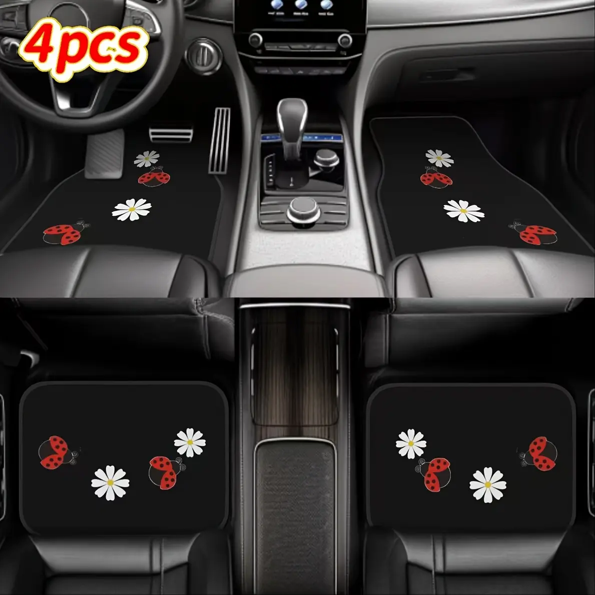 4pcs Cute Ladybug & Daisy Print Car Mats Set - Cute Car Accessories - All-Weather Polyester Floor Mats for Cars, SUVs -Ideal Gift for Vehicle Owners, Car Floor Mats, Automotive Mats