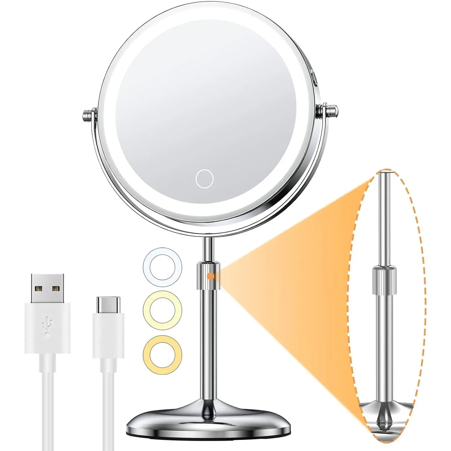 7" Lighted Makeup Mirror with Magnification 10X/1X, Height Adjustable & 3 Color Dimmable Lights, 360? Swivel Double Sided Light up Rechargeable LED  Vanity Cordless Standing Mirror