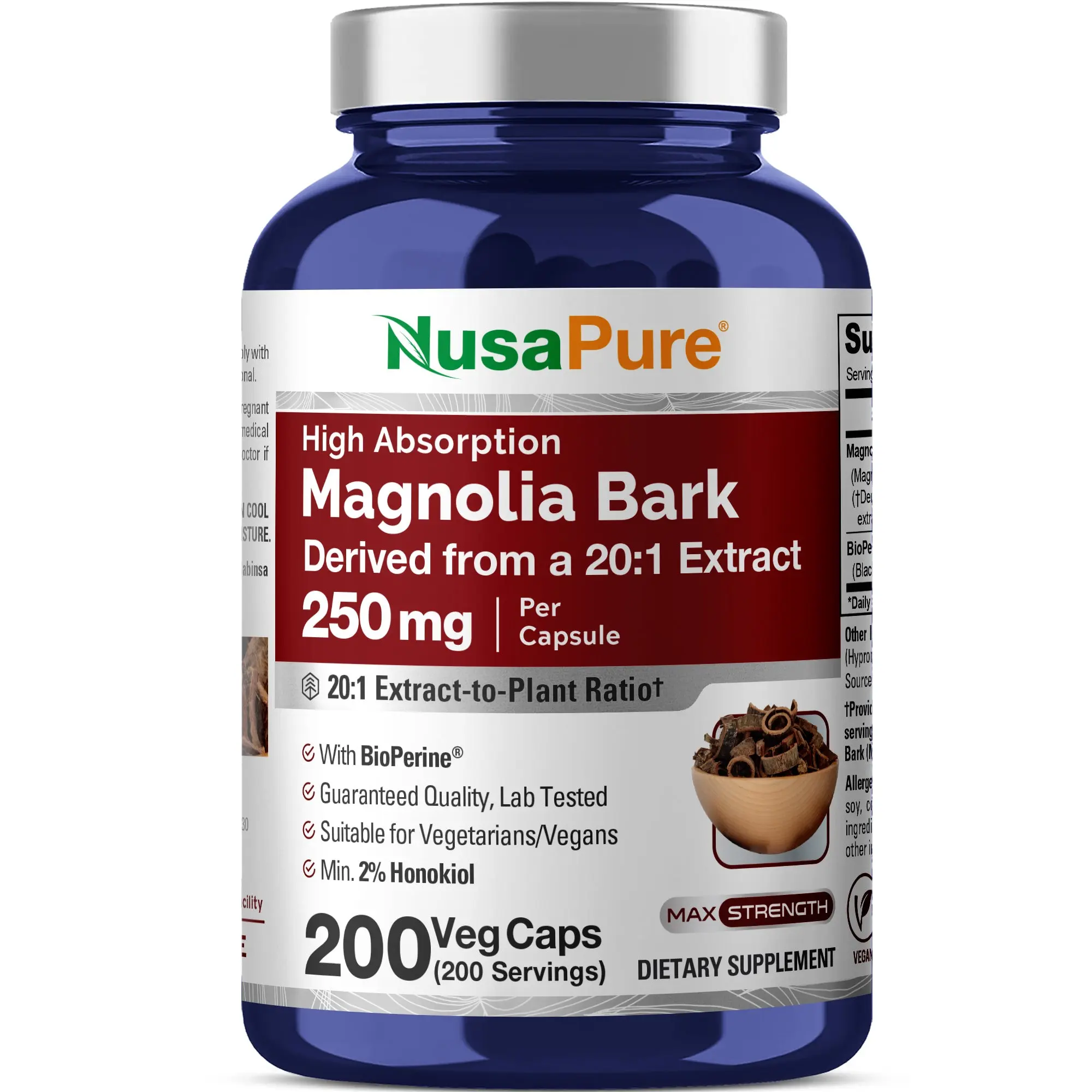 NusaPure Natural Magnolia Bark 20:1 Extract Dietary Capsules, 250 mg, 200 Vegan Vegetarian Capsules, Non-GMO Anti-Bloating, Anxiety Relief, Calm Mind Herbal Vitamins Supplements, Anti-Bloating Vitamins Supplements