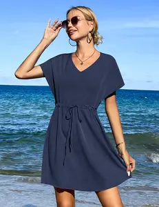 Ekouaer Womens Swimsuit Coverup Short Sleeve Beach Cover Up Dress V Neck Bikini Beachwear Casual Loose Fit Womenswear