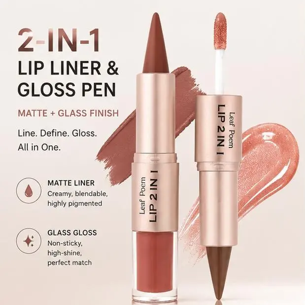 Dual-Ended Lip Liner-Lipgloss Pen, Matte Lipliner & High-Shine Plumping Finish for Easy Blend Gradient or Glass Lip Effects, Single Item