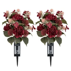 Red Cemetery Flowers for Grave: 2 Pcs Peony Grave Flower Bouquets for Cemetery Decorations - Spring Outdoor Gravesite Flowers with Vase