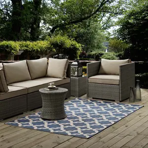 Modway Cerelia Moroccan Trellis 8x10 Indoor and Outdoor Area Rug in Blue and Beige