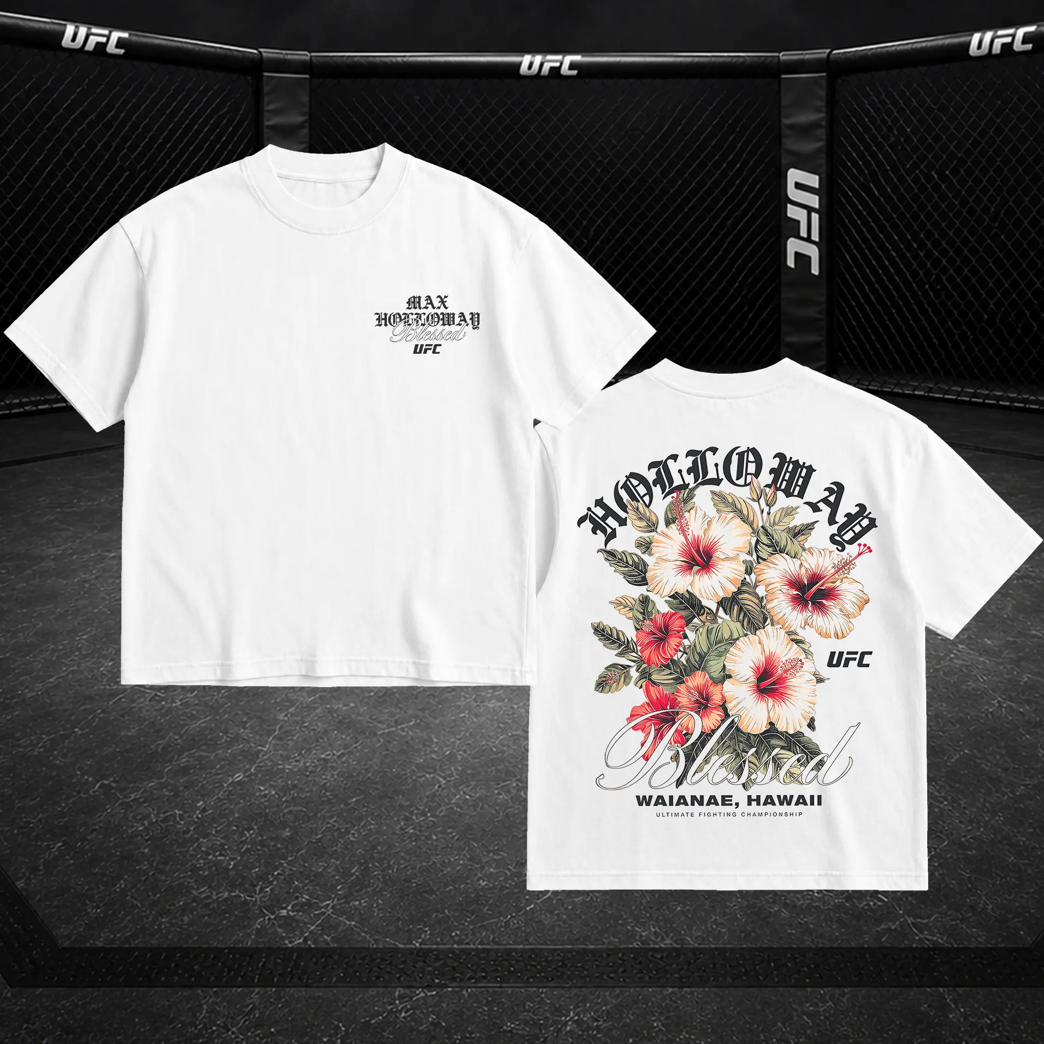 UNDISPUTED Max Holloway "Blessed" Hawaii Hibiscus UFC Heavy Cotton Shirt BMF Tshirt UFC Hoodie Sweater Fan Apparel Menswear Direct-to-garment Breathable Printing