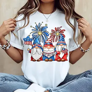 American Patriotic Chibi Dwarf Print Top | Y2K Aesthetic Summer Streetwear Graphic Tee | Unisex Oversized White Short Sleeve Clothing for 4th of July Block Party