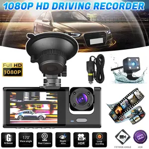 3 Channel Dash Cam, HD 1080P Car DVR with Front Rear Inside Recording, Dual Lens Dash Camera, G-Sensor, 170° Wide Angle