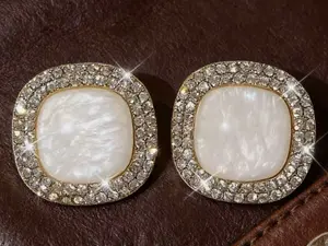 Luxury Square Mother-of-Pearl Stud Earrings with Paved Crystal Halo | High-End Fashion Jewelry for Women | Perfect for Wedding, Party, Evening Events | Trendy 2026 Statement Accessory for Everyday Elegance & Special Occasions