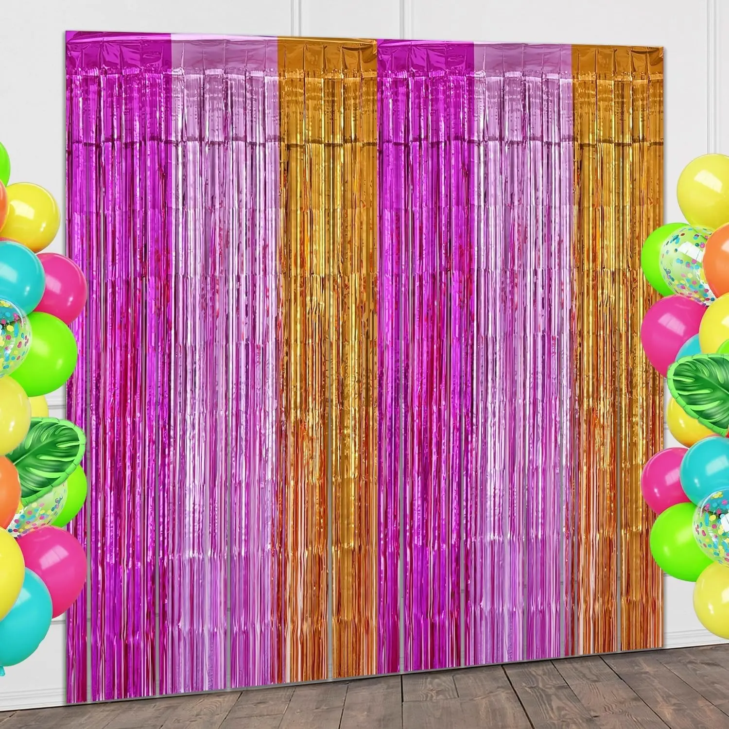 Hawaiian Fringe Backdrop Birthday Decorations, 2 Pack 3.2x6.6ft Peach Pink and Orange Hawaiian Foil Fringe Curtains Photo Booth Props Tropical Birthday Party Decorations Supplies Favors for Women