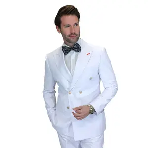 Men’s White Double-Breasted Tailored Fit Suit with Gold Buttons - 2 Piece