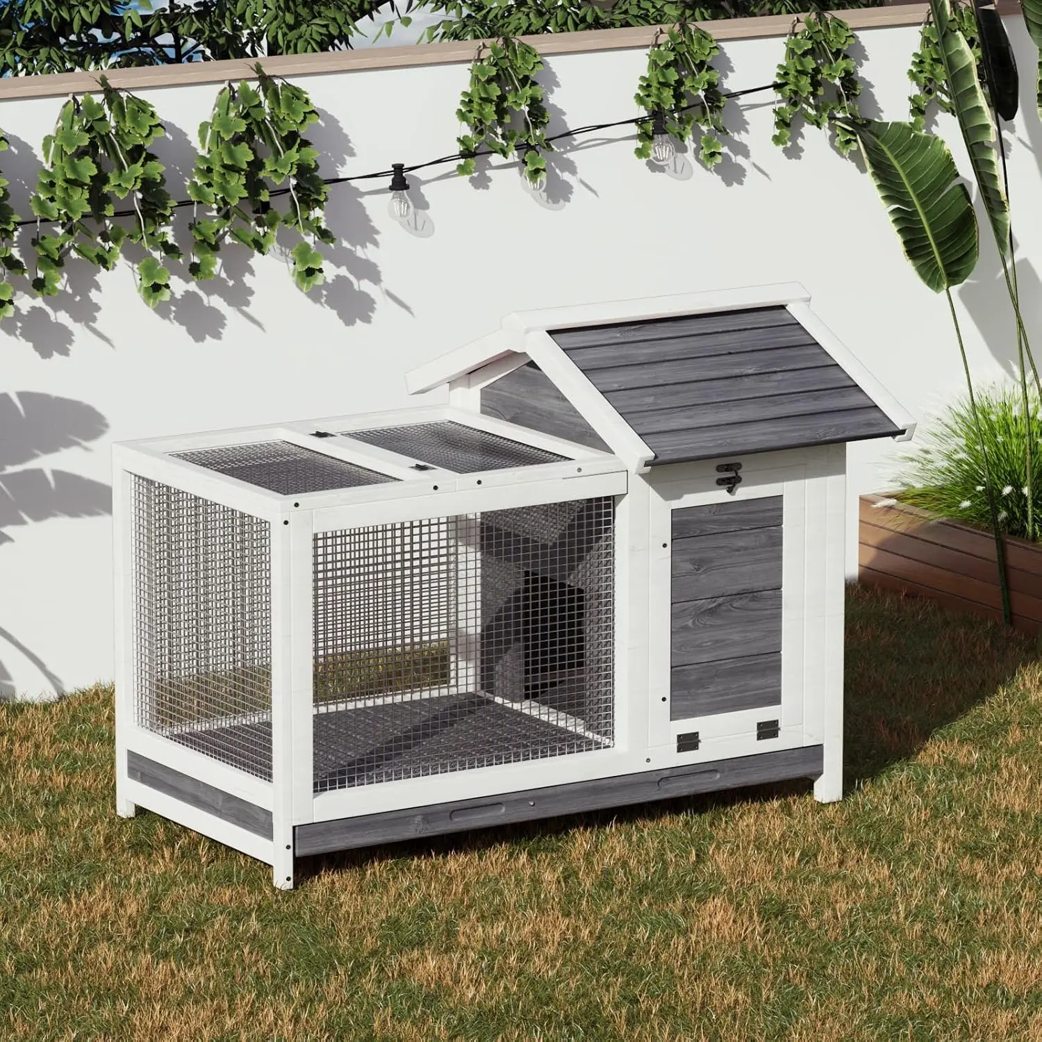 Solid Wood Small Animal Hutch - Mesh Wire, Detachable Asphalt Roof, Ramp, Leak-Proof Tray, Longevity Design for Outdoor & Indoor Use (Rabbits, Guinea Pigs), Moisture Guard