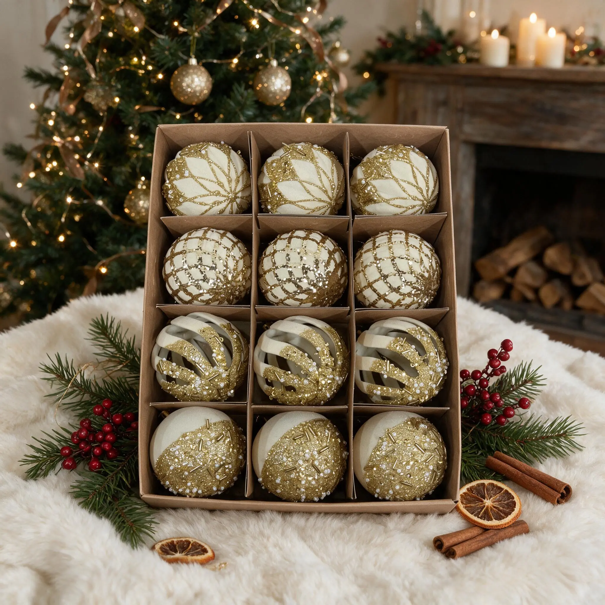 12 pieces of cream-colored velvet Christmas tree decoration balls, 6 cm in diameter, shatterproof ornaments, suitable for wreaths and home holiday decorations, Christmas balls sohochic