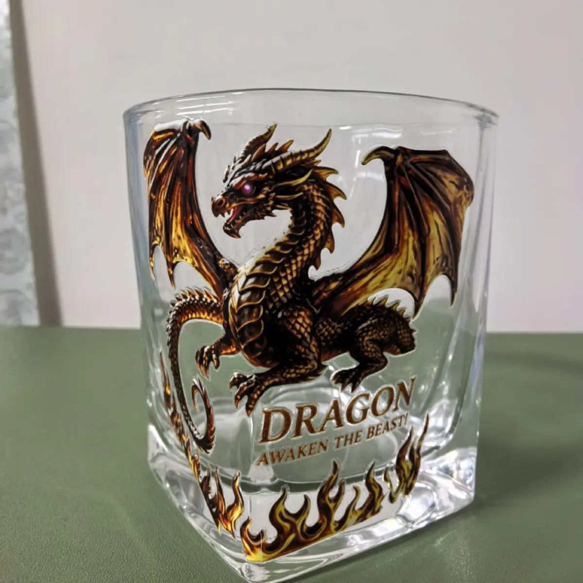 Dragon Awaken The Beast Glass Tumbler with Intricate Dragon Design and Flames Motif