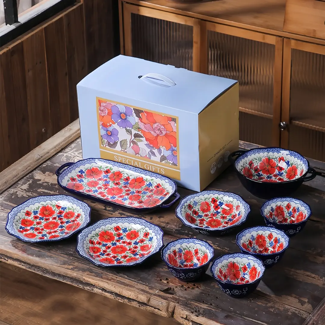 Vintage Floral Ceramic Dinnerware Set, 9-Piece with Gift Box, Includes Soup Bowl, Fish Plate, Salad Dish, Microwave & Dishwasher Safe