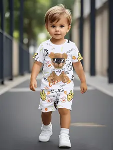 Baby Boys Summer Trendy Short Sleeve Set, Fashionable Bear Print Glasses Wear, Comfortable Casual Geometric Pattern