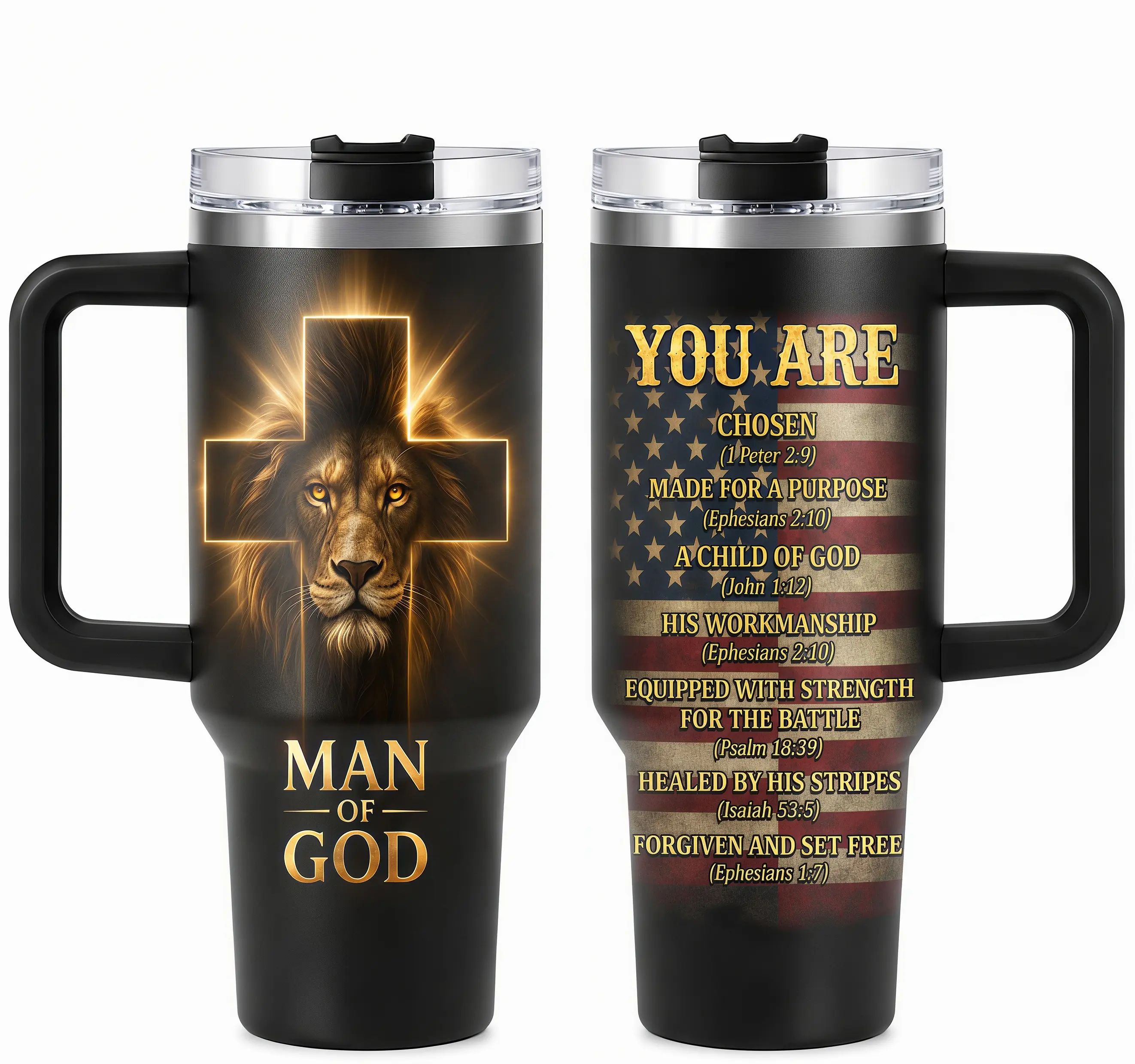 Lion Cross Man of God 40oz Tumbler with Handle and Straw Insulated Stainless Steel Christian Bible Verse Water Bottle Gifts for Men