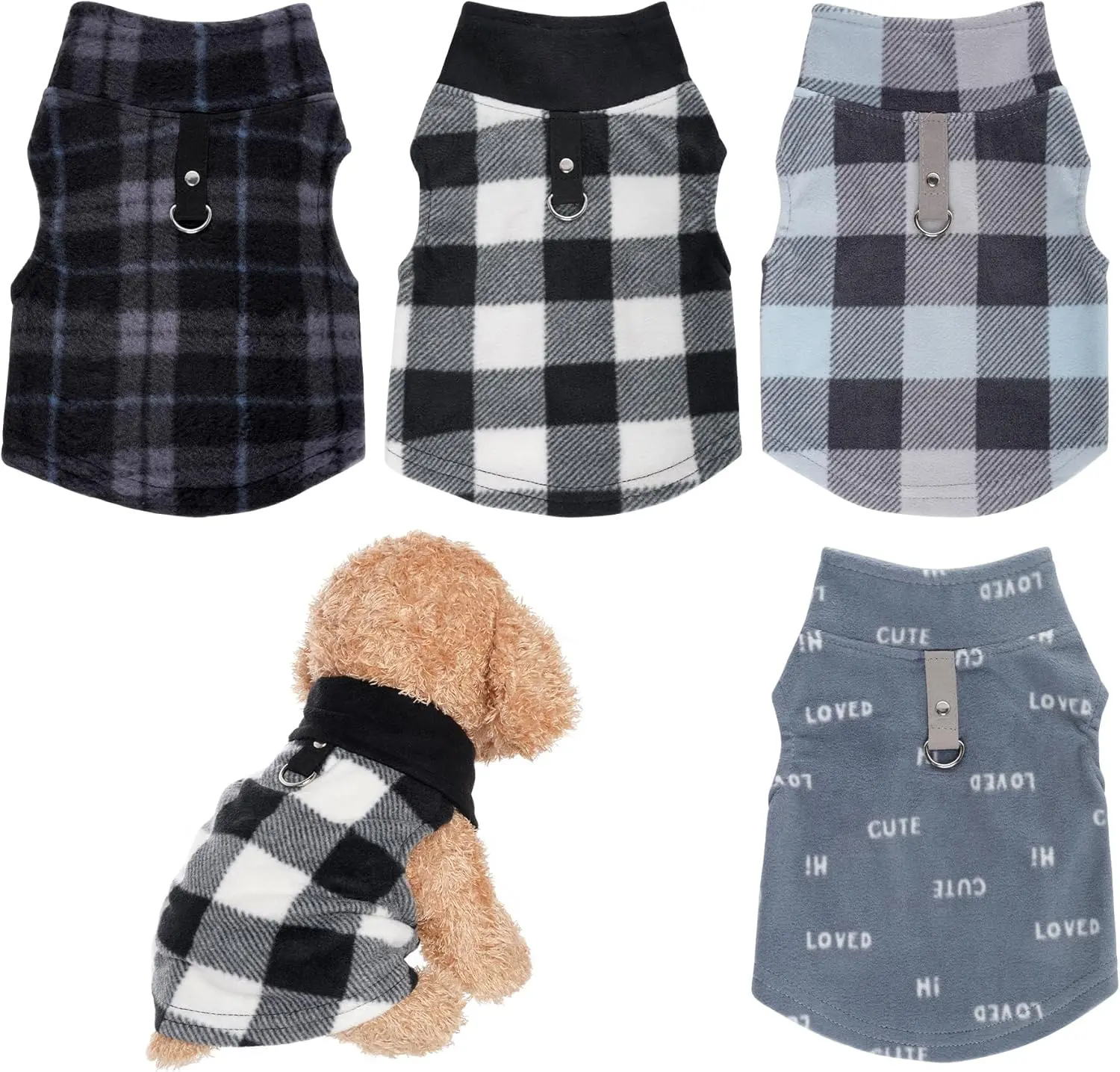 4 count Buffalo Plaid  Sweaters with Leash Ring Soft Fleece Vest Warm Dogs Pullover Jacket Dogs Clothes Winter  Outfits for Small Puppy  Pets (Large)