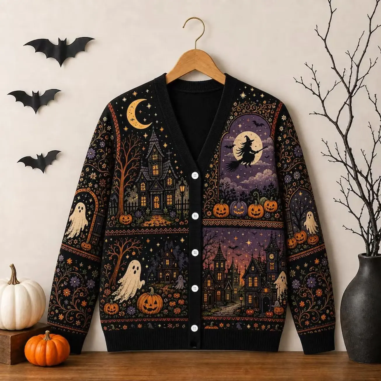 Black Gothic Halloween Cardigan Jacket, Witch Moon, Haunted Village, Ghost Pumpkin Folk Art