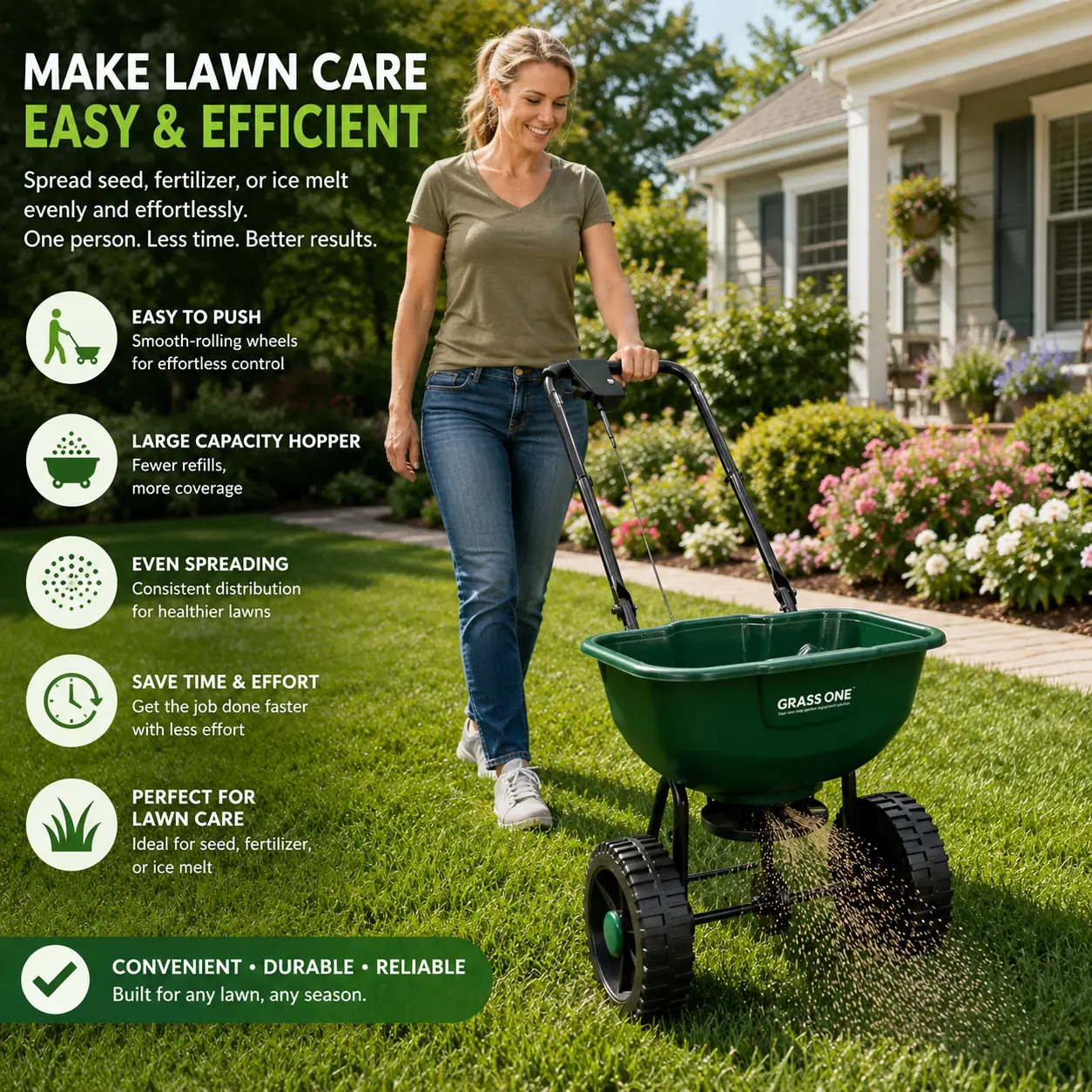 Walk-Behind Lawn & Garden Spreader, Large Capacity Seed & Fertilizer Spreader, Push Broadcast Spreader with Durable Wheels, Easy Assembly for Grass Seed, Fertilizer, Salt and Lawn Care