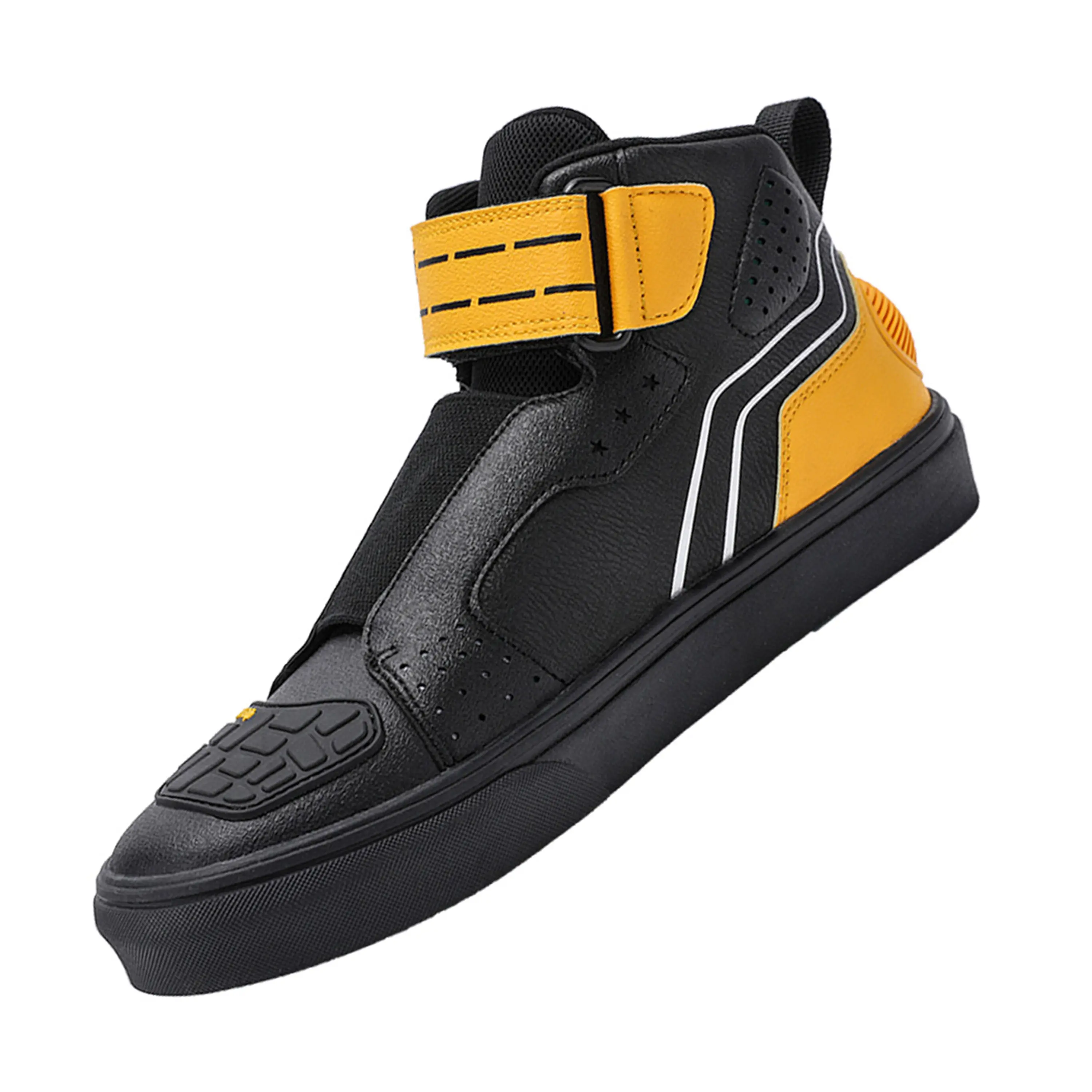 Urban Motorcycle Sneakers for Men & Women - High-Top Perforated Leather Riding Shoe with Ankle Lock Velcro Straps & Hexagon Toe, Perforated Vent, Rubber Sole