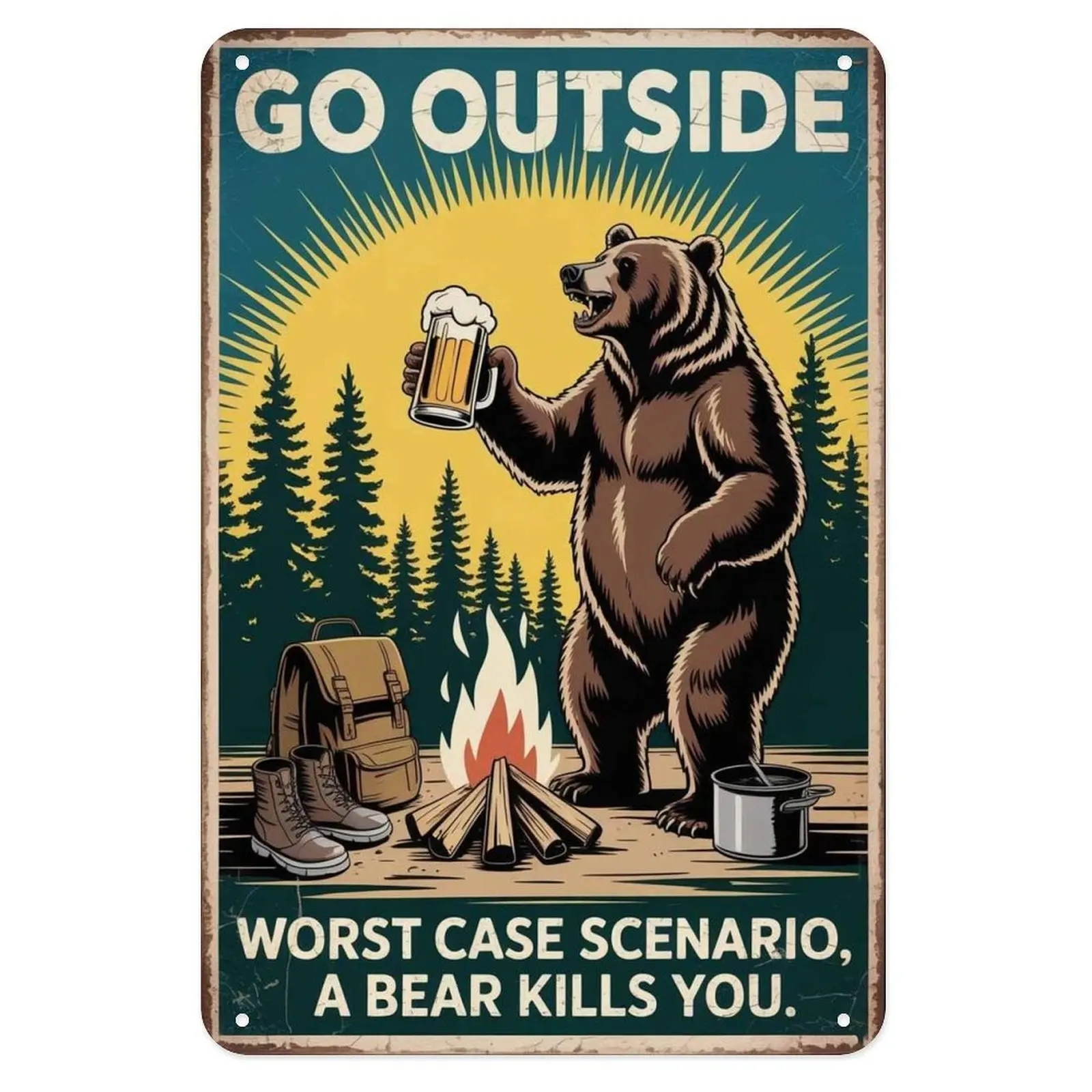 Go Outside Bear Beer Tin Sign, Vintage Camping Adventure Metal Sign Print Aesthetic Room Decoration for Home Bedroom Kitchen Bar Coffee Bathroom Indoor Outdoor Wall Decor, 8 X 12 in