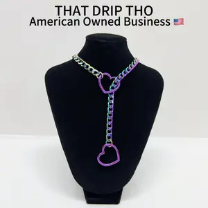 ThatDripTho Purple Hearts Slip Chain Necklace, Violet Heart Choker Necklace, Adjustable Cuba Long Chain for Couples, Gf, Bf, Fashion Jewelry for Alternative Women & Men, Goth Girl Chain Collar Necklace, Alterfashion Necklace with Pull Chain