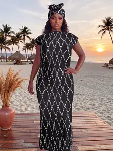 Elegant Plain Printed Wrinkle Slim Fit Moo Moo Long Dress with Scarf, Beach Cover Up for All Seasons, Casual Women's Fashion