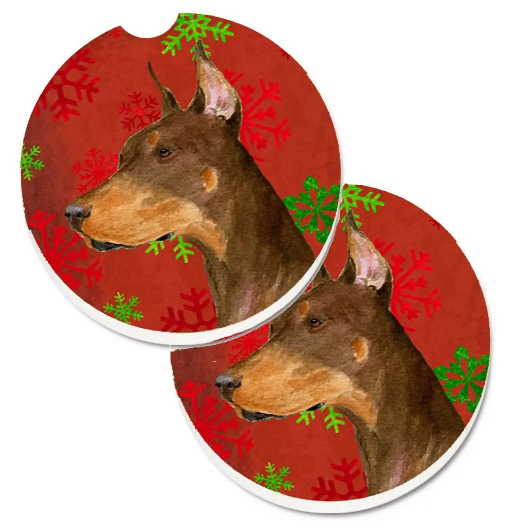 Doberman Red & Green Snowflakes Holiday Christmas Set of 2 Cup Holder Car Coaster