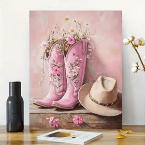 2D Flat, 1 Piece Western Cowgirl Wall Art Poster - Pink Floral Boots and Hat Canvas Painting - Soft Pastel Background - Ready-to-Hang Country Living Room, Bedroom, Office Decoration - Retro Western Style - Wooden Frame Canvas Painting, Handmade Oil Painti