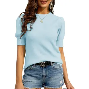FMEYOA Womens Puff Short Sleeve Sweater Crew Neck Pullover Tops Ribbed Knit Sweater Blouse