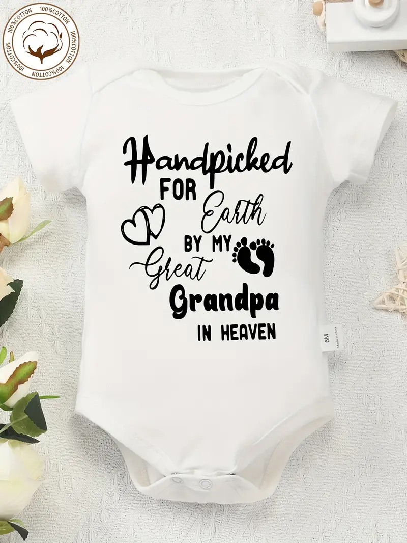 My Great Grandpa in Heaven" Handpicked Soft Cotton Youngsters Onesie with Footprint & Letter Design, Casual Round Neck, Summer Romper for Youngsters
