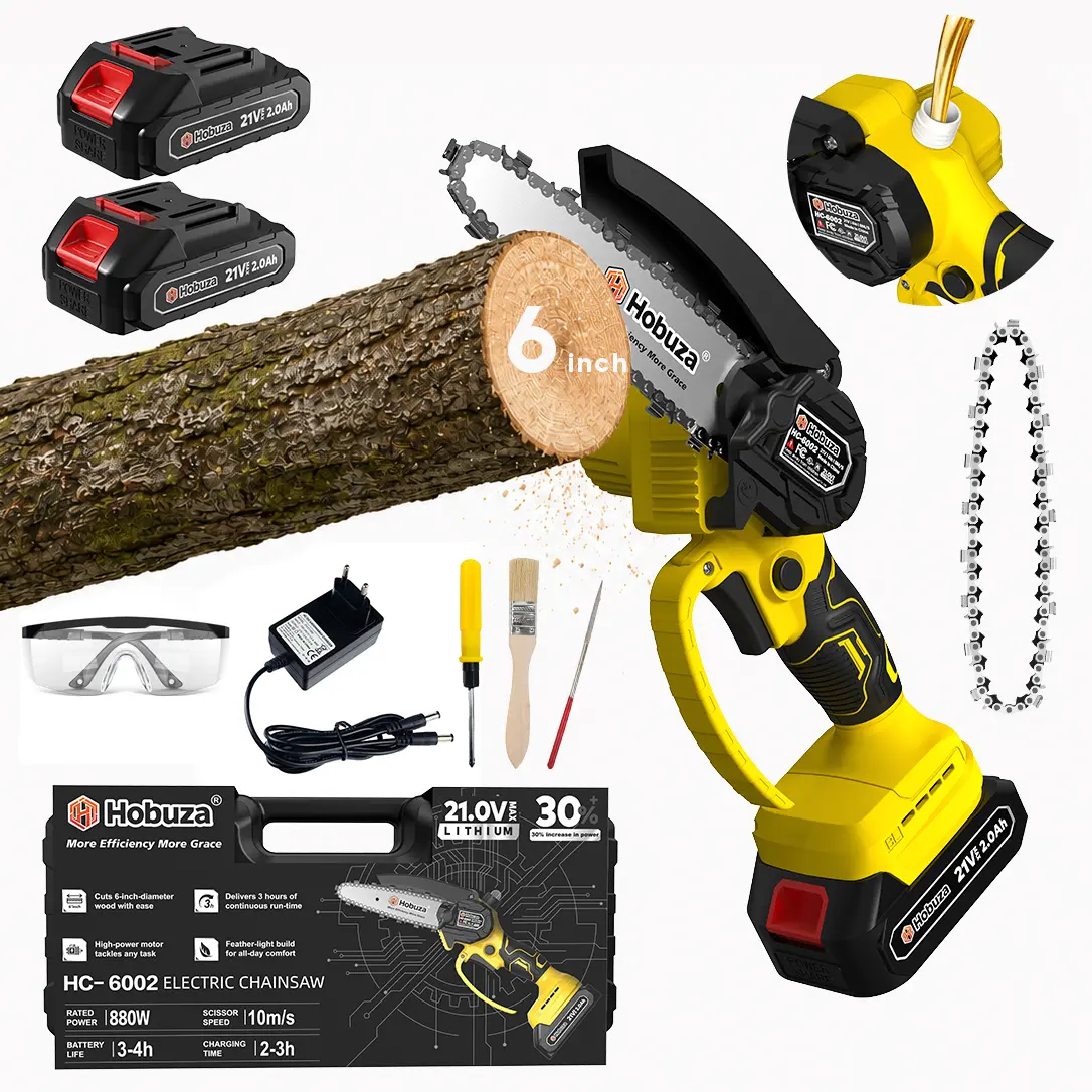 HOBUZA HC-6002 6-Inch Mini Chainsaw, Upgraded Brushless Motor, 1-Hand Portable Cordless Electric Saw with 2 x 2000mAh Batteries, Lightweight Wood Cutter for Pruning, Gardening, Backyard & Camping, Easy Tool for Women and Seniors, Holiday Gift pole