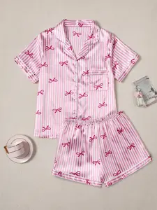 Valentine's Day Women's Pajama Set, Comfortable Cute Elastic Striped Bow Lapel Shirt and Pants Two-Piece Sleepwear