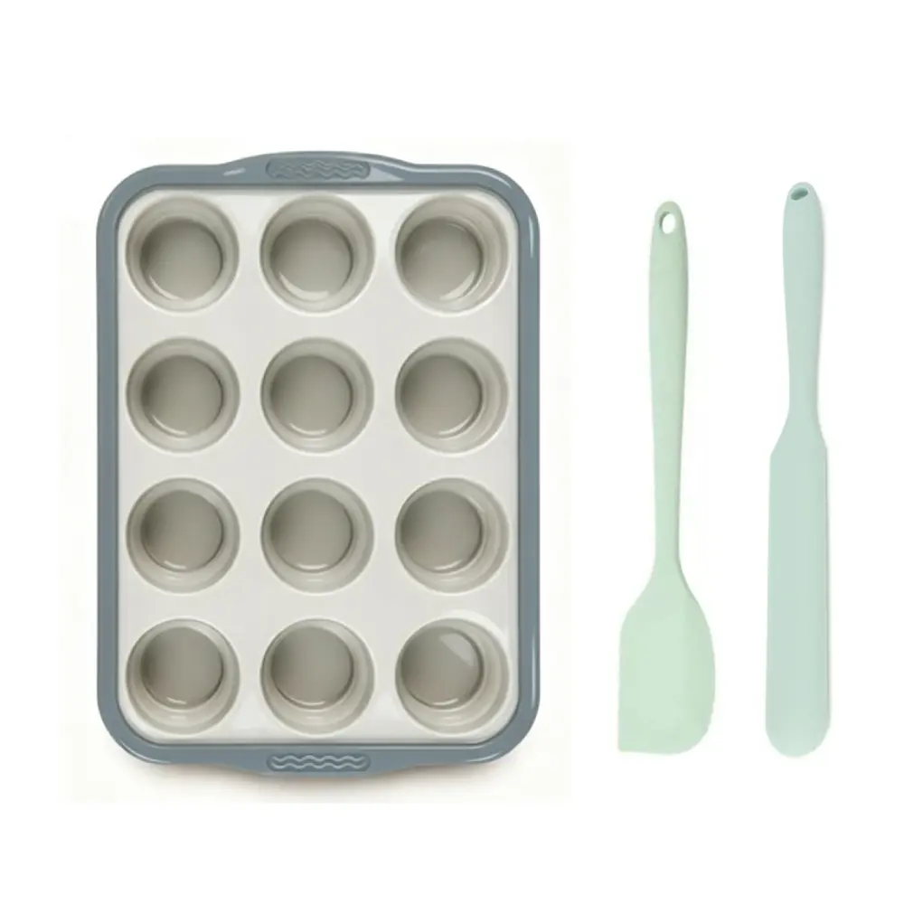12-Cup Silicone Muffin Pan Set with 2Pcs Baking Scrapers, Food-Grade BPA-Free Non-Stick Cupcake Mold with Reinforced Steel Frame & Easy-Grab Handles, Oven Safe to 450°F, Quick Release Baking Tray for Mini Treats, Holiday Home Bakeware