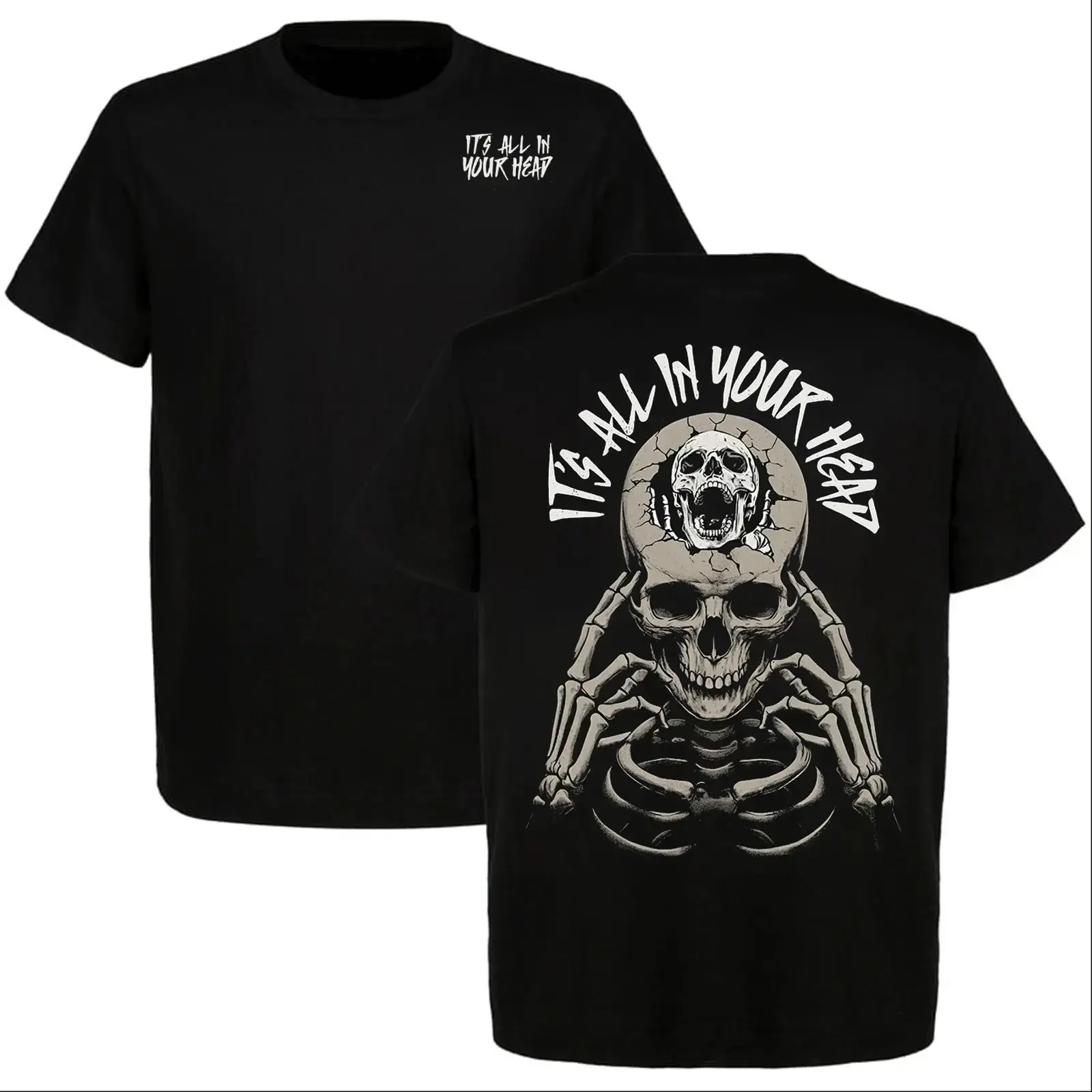 180g[100%cotton]It’s All In Your Head T-shirt, Dark Skeleton Skull Mentality Streetwear Tee, Unisex Short Sleeve Casual 100% Cotton
