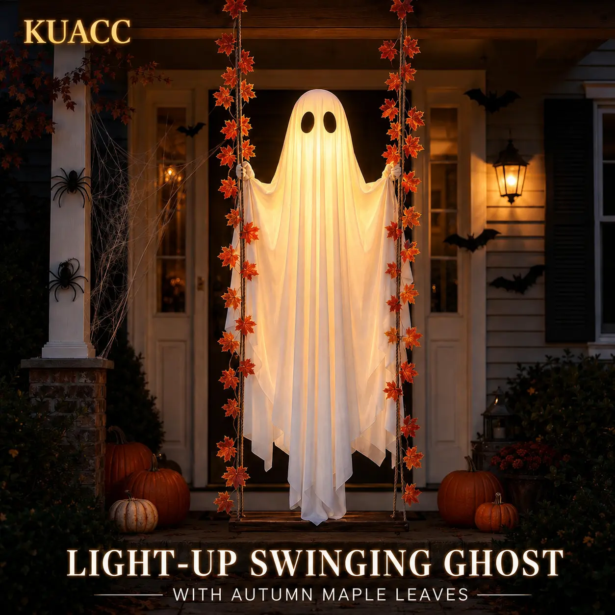 4.4 FT Hanging Swinging Ghost Halloween Decoration - Outdoor Home Hanging Decor with String Lights, for Garden yd Porch Tree Party Use