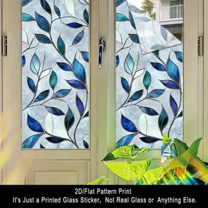 1PC, 2D Flat blue and white leaf pattern frosted glass window film, transparent PVC adhesive glass door and window decoration, removable and reusable glass stickers. 17.71x39.37 inches (45x100 cm), suitable for home, kitchen, room, indoor festival party s