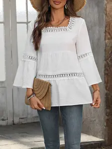 Women's White Boho Blouse Crochet Lace Trim Bell Sleeve Tiered Flowy Peasant Top
