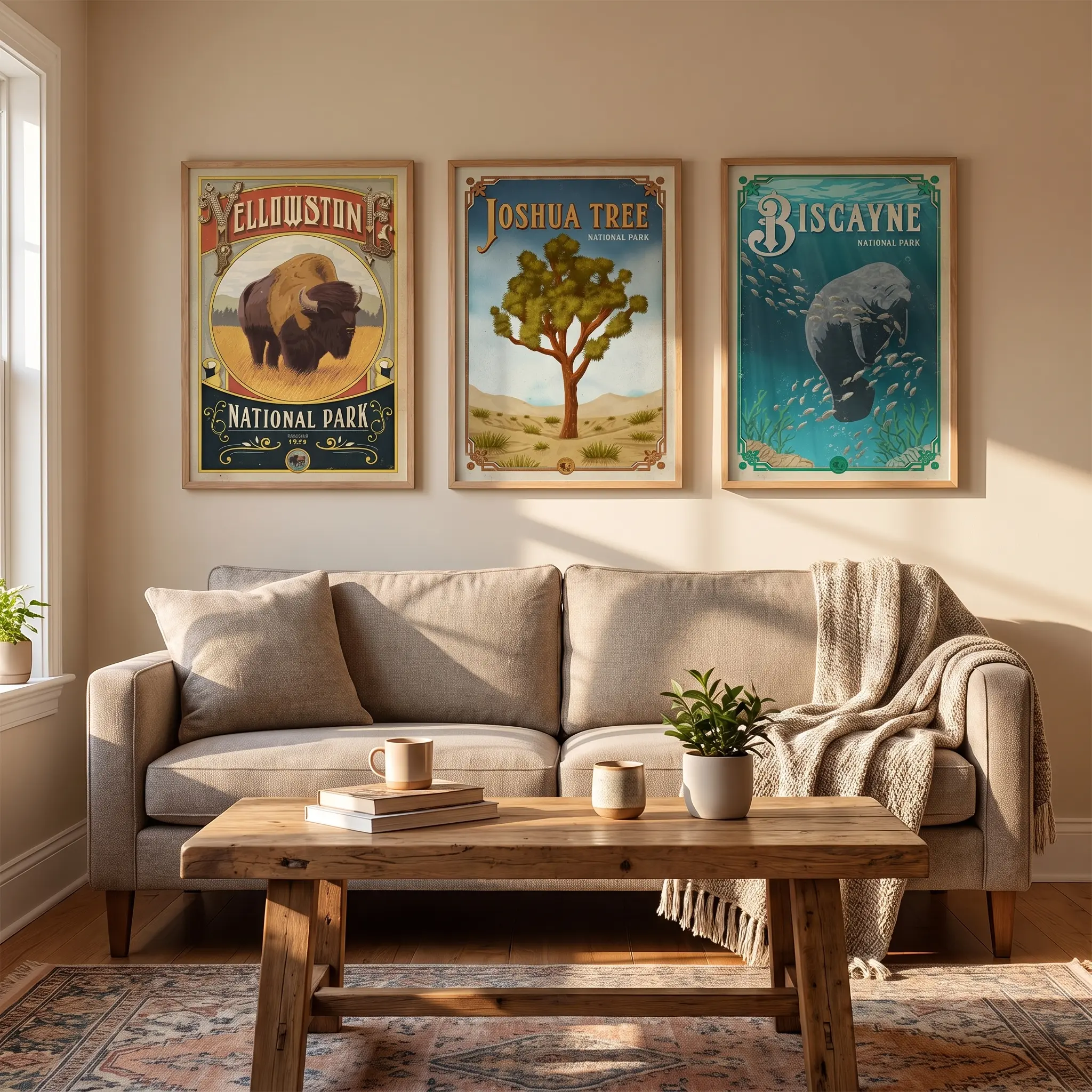 Set of 3 National Park Glossy Posters, Yellowstone, Joshua Tree, Biscayne Wall Art, Vintage Travel Prints, Nature Landscape Home Decor Gift